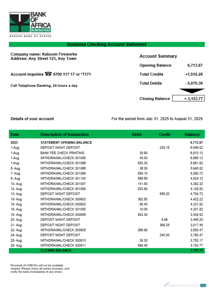 Download Bank of Africa corporate checking account statement Word and PDF template Photoshop template